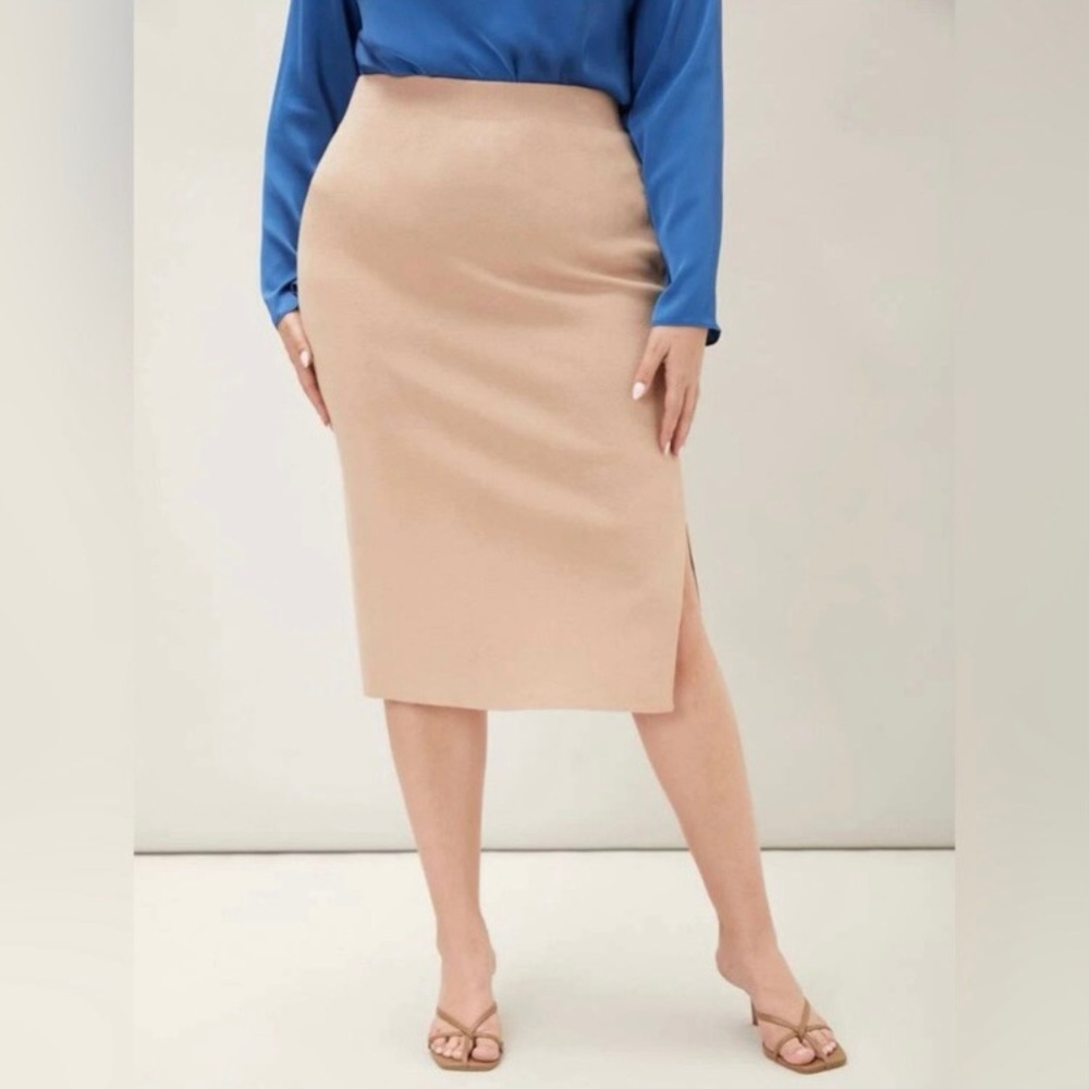MOTF Women Small Tan Camel Knit Skirt Elastic Waist Slit Business Casual Work